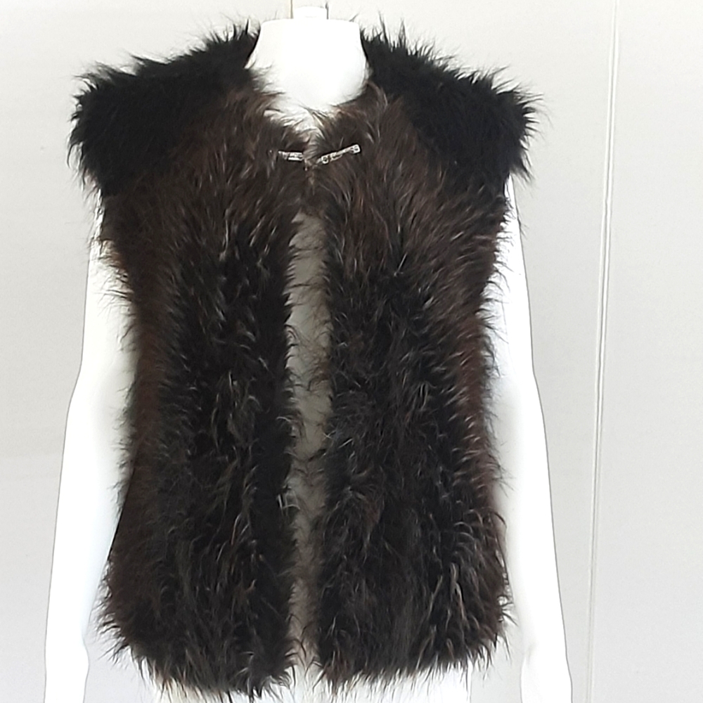 ZARA Women's Black | Silver Long Hair Faux Fox Vest Sz M